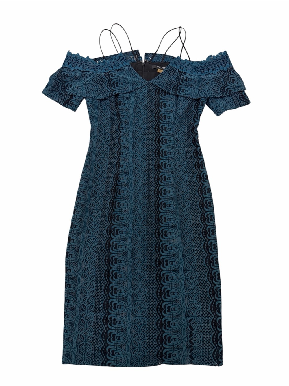 Tahari ASL Teal Blue One-Shoulder Lace Midi Dress